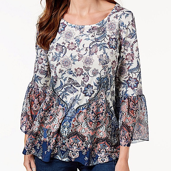 STYLE & CO Floral Print Sheer Flare Sleeve Top - Picture 1 of 13
